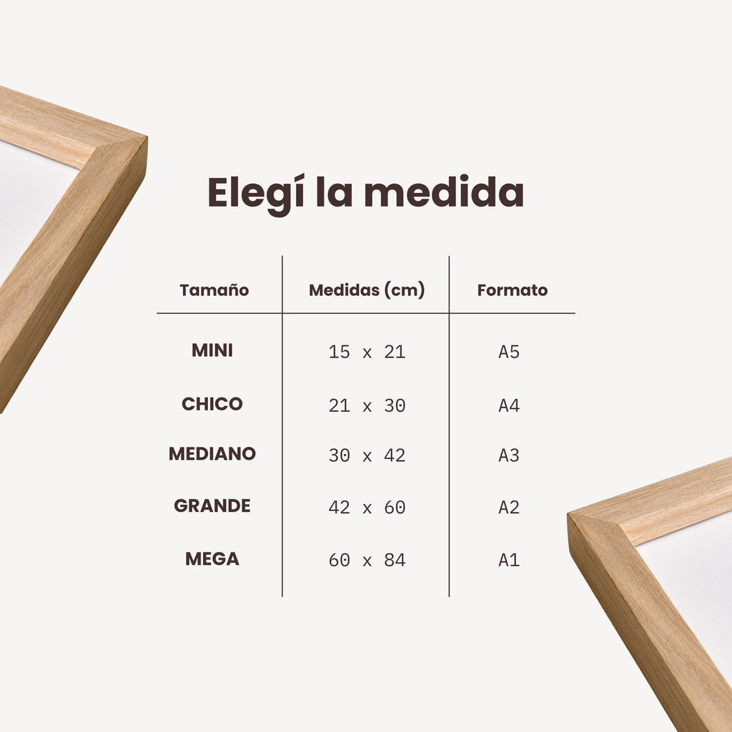 Tabla de medidas de cuadros: mini, chico, mediano, grande y mega — El Kiosko de Mar, Uruguay